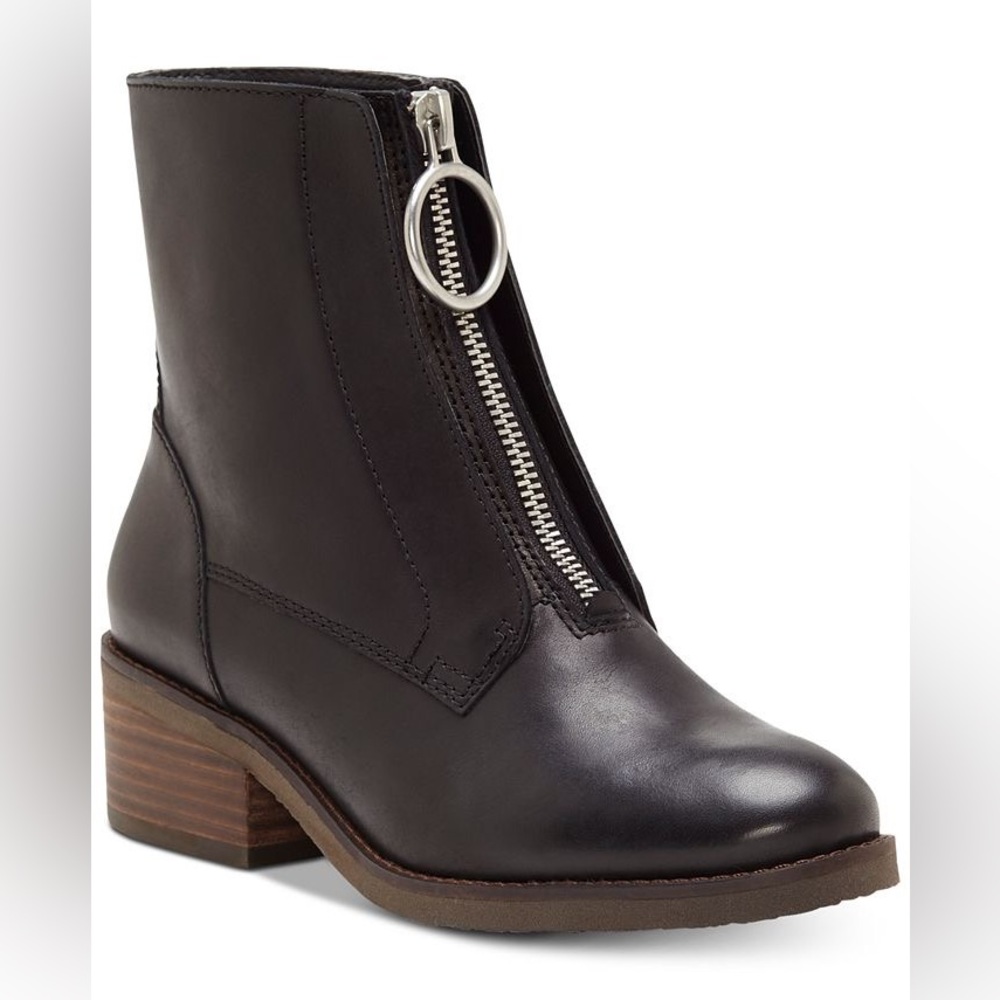 Lucky Brand “Tibly” Black Leather Booties with Bold Zipper Hardware